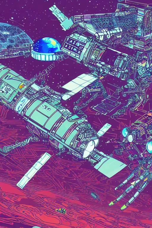 Image similar to drawing of an international space station filled with electronic equipment, japanese gundam mech, robots, led screens, droids, a detailed comic panel by kilian eng, moebius, featured on deviantart, psychedelic art, psychedelic, dmt