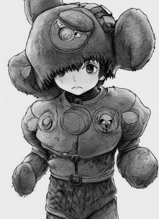 Image similar to beautiful little boy wearing an cyborg bear suit, artwork in kentaro miura and made in abyss and rosdraws, smooth, beautiful lightness, anatomically correct, trending on pixiv, forest