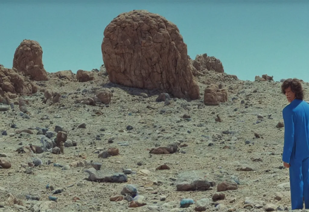 Image similar to mick jagger dressed in blue costume with jewels in a dry rocky desert landscape, with alien complex city and giant alien spaceship in the sky, by christopher doyle and alejandro jodorowsky, anamorphic lens, kodakchrome, cinematic composition, masterpiece, 8 k