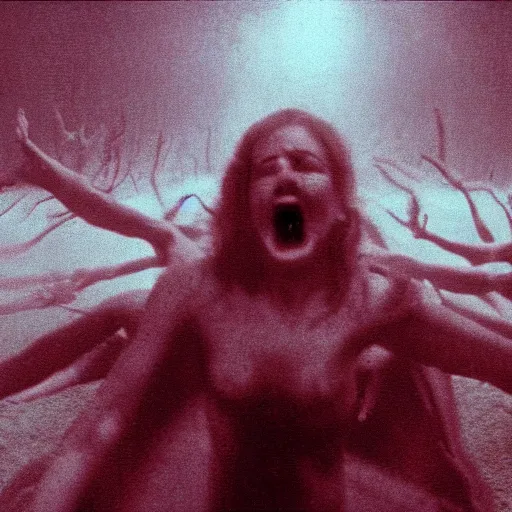 Image similar to the anti - christ rising from a red ocean. photograph from a horror movie.