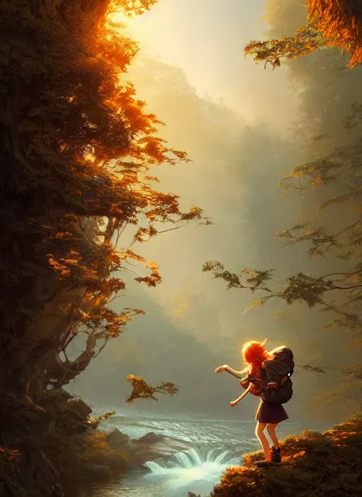 Image similar to detailed intricate digital illustration by greg rutkowski and artgerm and wlop and sanford robinson gifford ; young red - haired explorer girl with a backpack, ancient forest, shimmering waterfall in background ; 1 3 mm film, arri alfa anamorphic lens ; sharp focus, golden hour lighting, trending on artstation 4 k