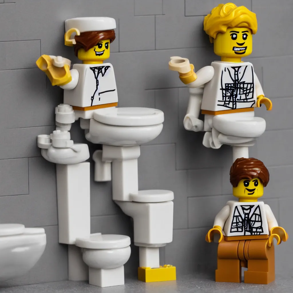 Image similar to a lego figure of a man, sitting on a toilet with his pants down. there is a stream of lego bricks coming out of his behind