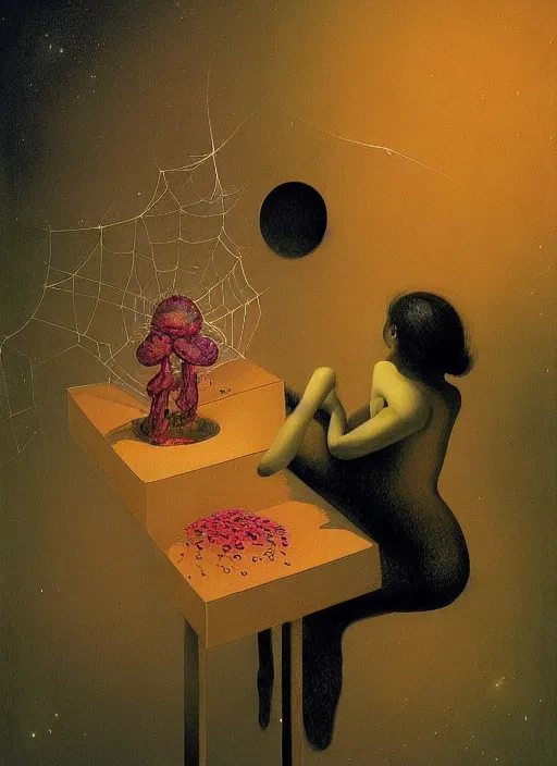 Image similar to She Eats Joyfully of the Suffocating Yellowcake Fruit and Her spiderlike gossamer glistening polyp blossoms bring iridescent fungal flowers whose spores black the foolish glaring stars Edward Hopper and James Gilleard, Zdzislaw Beksinski, Mark Ryden, Wolfgang Lettl highly detailed