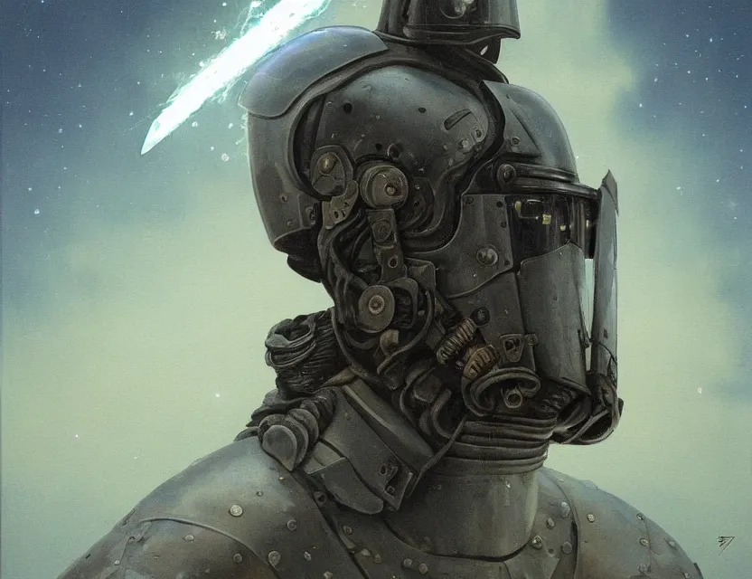 Image similar to a detailed portrait painting of a lone bounty hunter wearing combat armour and a reflective visor. Dieselpunk elements. Movie scene, cinematic sci-fi scene. Flight suit, cloth and metal, accurate anatomy. Samurai influence, knight influence. fencing armour. portrait symmetrical and science fiction theme with lightning, aurora lighting. clouds and stars. Futurism by moebius beksinski carl spitzweg moebius and tuomas korpi. baroque elements. baroque element. intricate artwork by caravaggio. Oil painting. Trending on artstation. 8k