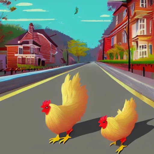 Image similar to two chickens racing across the road, illustration, artstation, vivid colors,
