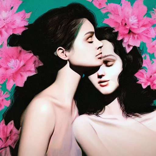 Image similar to portrait of the two most beautiful women surrounded by soft florals, vaporwave lighting, dewy skin, concept art, high detail, beautiful, dreamy