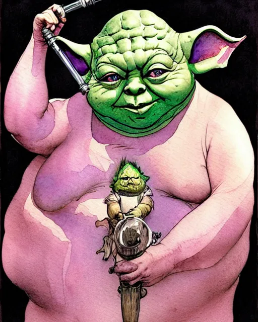 Prompt: a realistic and atmospheric watercolour fantasy character concept art portrait of a fat dirty yoda smoking a bong with pink eyes wearing a wife beater. by rebecca guay, michael kaluta, charles vess and jean moebius giraud