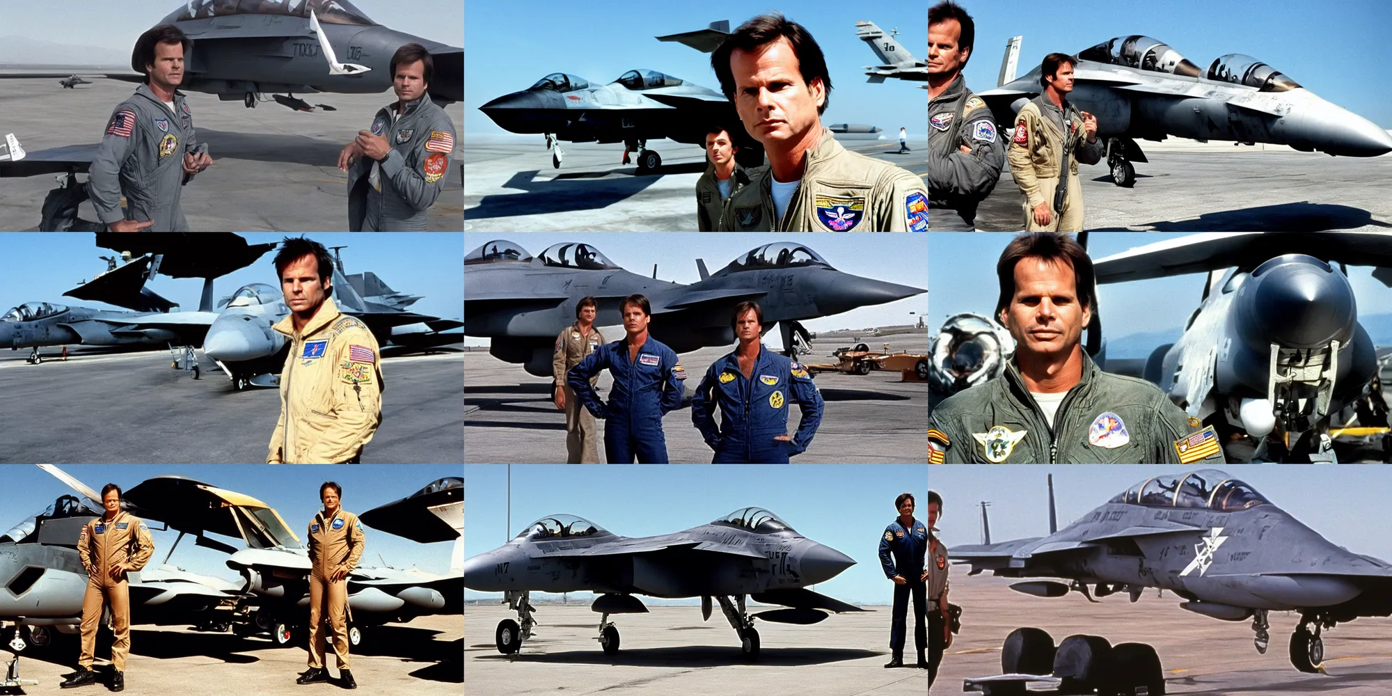 Prompt: Portrait (30 year old Bill Paxton) standing next to an F14 plane, film still from Top Gun 1986