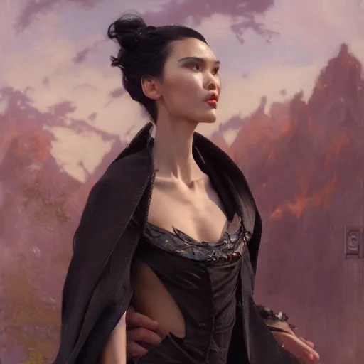 Prompt: detailed cinematic wide shot of tao okamoto beautiful attractive vampire woman slim face symettrical face clean skin blue eyes black robe smooth, sharp focus, ultra realistic, spring light, painting by gaston bussiere, craig mullins, j. c. leyendecker