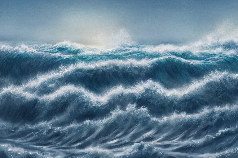 Prompt: ocean, land!!!!!!, ( ( ( ( tumultuous waves ) ) ) ), digital painting, illustrated by max hay