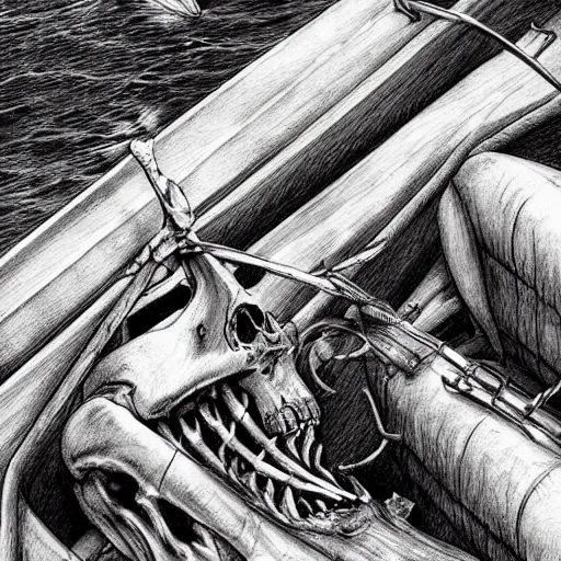 Image similar to close up of skeletons in a boat on a river catching skeleton fish, pencil sketch, realistic shaded, fine details, realistic shaded lighting poster by greg rutkowski