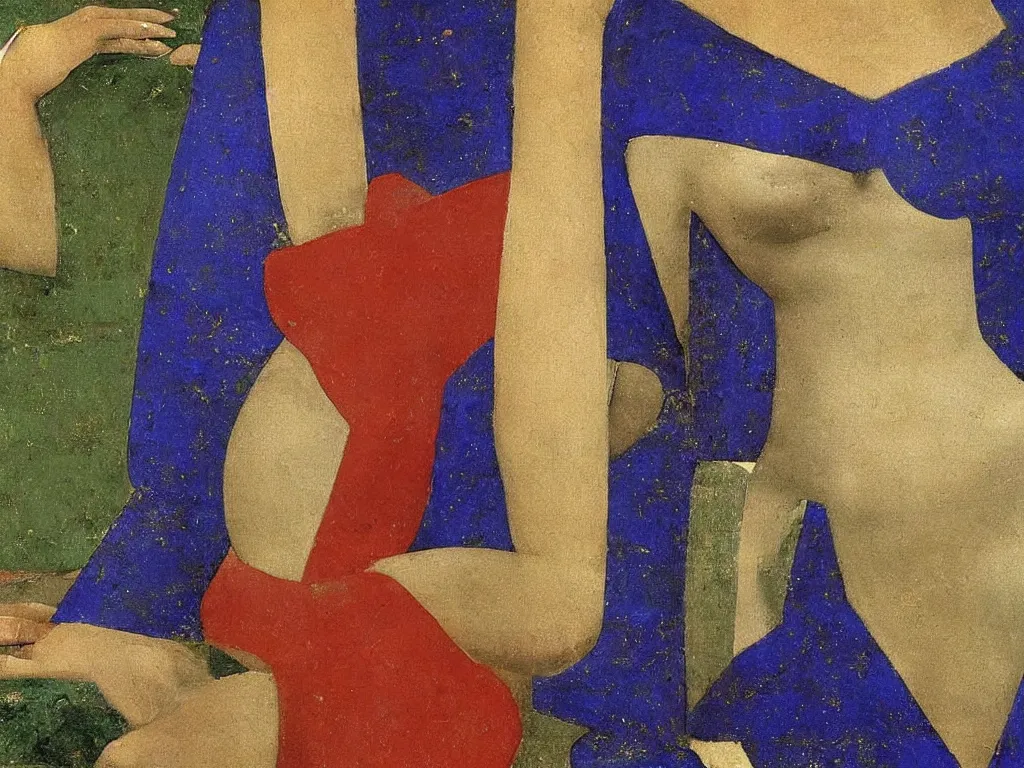 Image similar to close up of a chest of a woman in dress. lapis lazuli, malachite, cinnabar, gold. painting by piero della francesca, balthus, agnes pelton