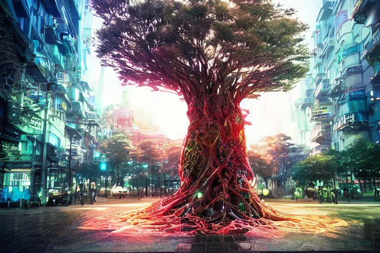 Prompt: Cybernetic tree of life in a city center, hyper real, 8k, colorful, 3D cinematic volumetric light, atmospheric light, studio ghibli inspired, fantasy LUT, high contrast, epic composition, sci-fi, dreamlike, surreal, angelic, by Moebius, wired roots