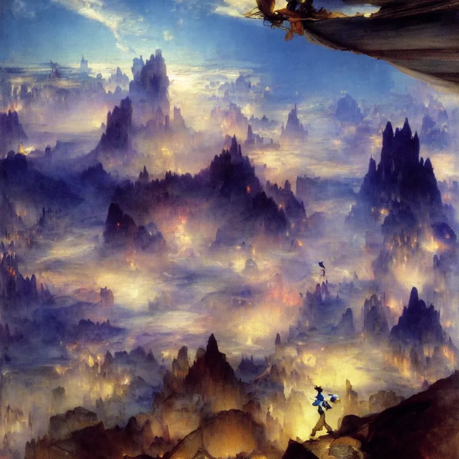 Prompt: a tightrope walker's view of the cloud city below. painted by thomas moran. blue and indigo color scheme.