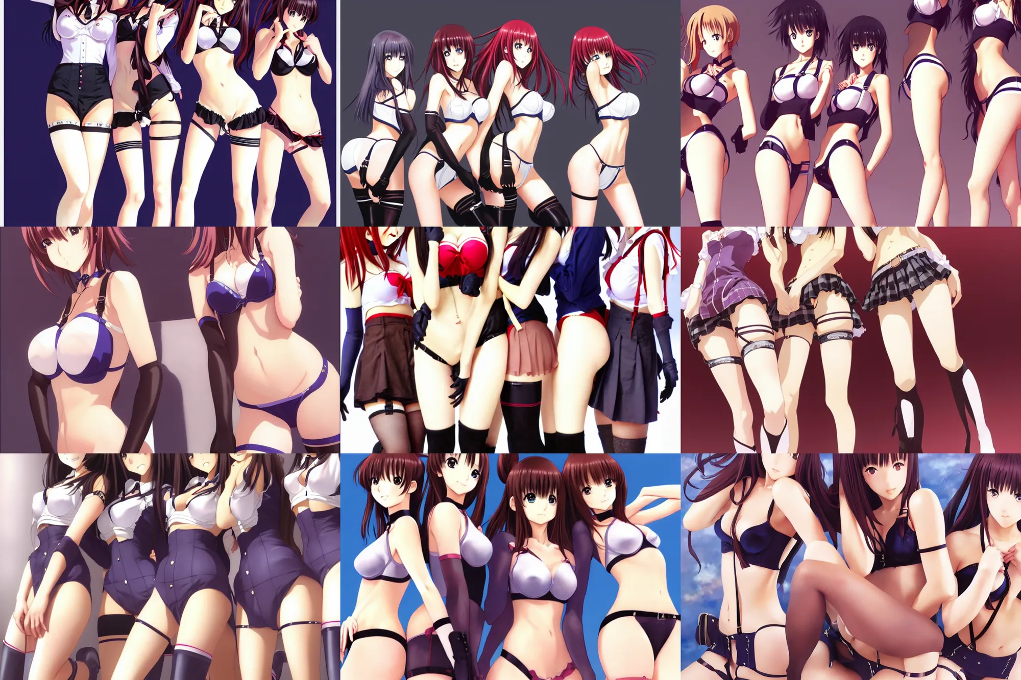 Prompt: close - up schoolgirls posing together in bra, panties and thigh boots. by takashi takeuchi, yoshiyuki sadamoto, amagaitaro, makoto shinkai, krenz cushart, asao urata, pixiv