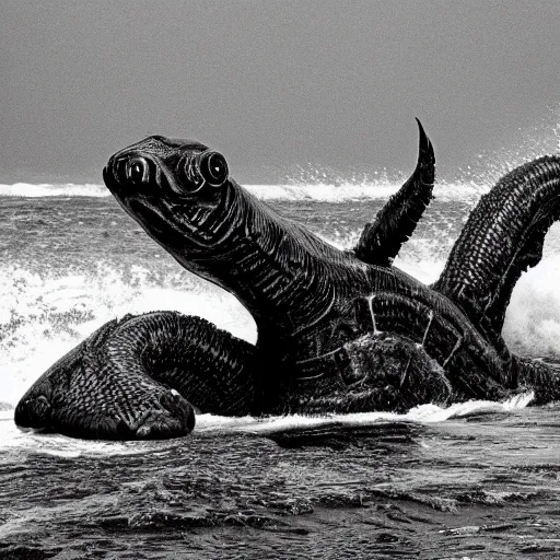 Image similar to award-winning, black and white photograph of a sea monster, extremely detailed