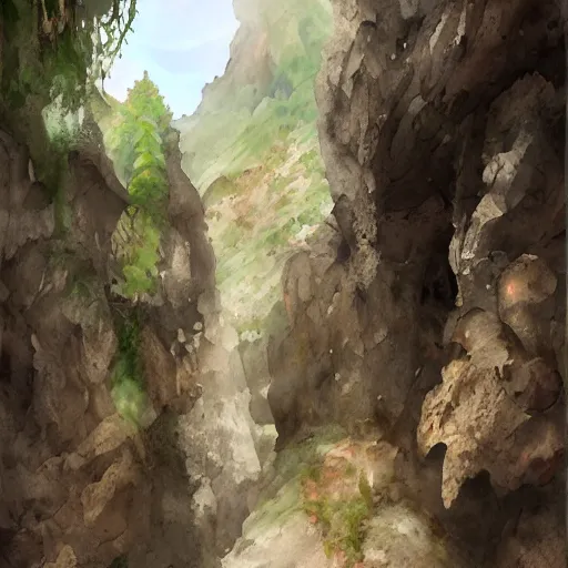 Image similar to cave in mountain paved, botanic watercolors, iridescent, 8 k, realistic shaded, fine details, artstation, italian, iron gate