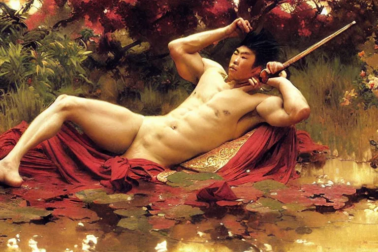 Image similar to wuxia, autumn, attractive male rest in the garden, painting by gaston bussiere, craig mullins, j. c. leyendecker