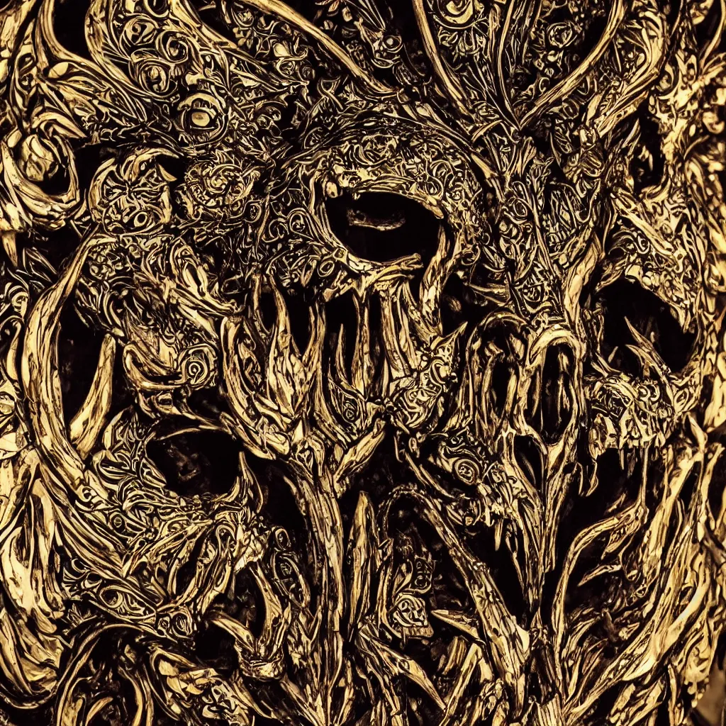 Prompt: portrait closeup of half wolf skull half iroquois warrior skull on bones, dramatic lighting, circural, golden ornaments, symmetric, intricate skeletal decorations, symmetry, highly detailed, concept art, black, glimpse of red, white, gold layers, centered, style of nekroxiii, hyperrealistic, black bones as background, smoke