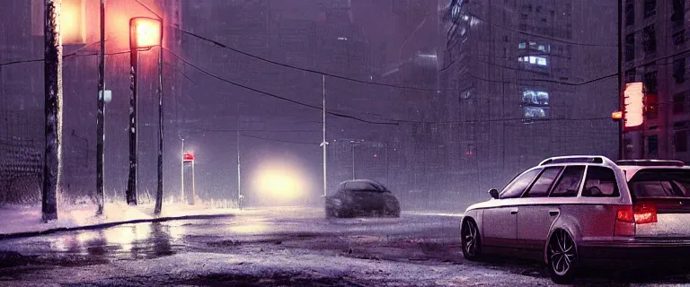 Image similar to Audi A4 B6 Avant (2002), a gritty neo-noir, dramatic lighting, cinematic, establishing shot, extremely high detail, photorealistic, cinematic lighting, artstation, by simon stalenhag, Max Payne (PC) (2001) winter new york, eldritch horror