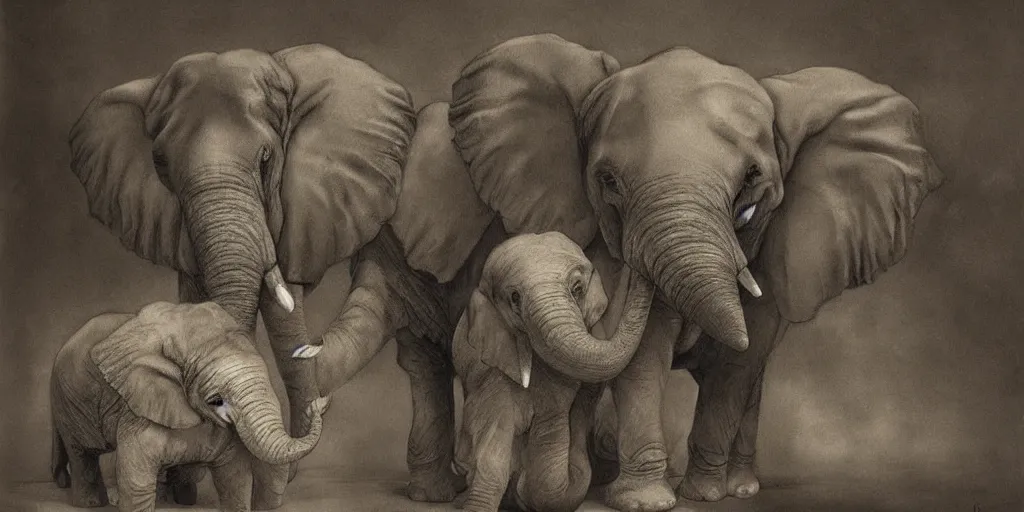 Image similar to two adult elephants comfort a baby elephant, illustration, detailed, smooth, soft, cold, by Adolf Lachman, Shaun Tan, Surrealism