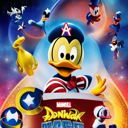 Prompt: donald duck starring in a marvel blockbuster, movie poster