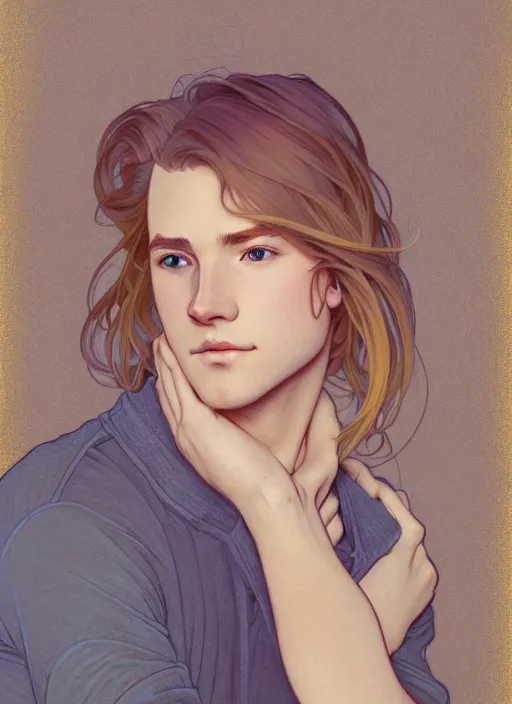 Image similar to pretty young man with shoulder length shiny shimmering golden blond hair, head down, demure, shy, path traced, highly detailed, high quality, digital painting, by studio ghibli and alphonse mucha, leesha hannigan, disney