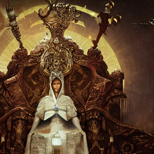 Image similar to female pope on throne of lasers, intricate detail, royo, klimt, miro, vallejo, frazetta, giger, whealan, hd, unreal engine,