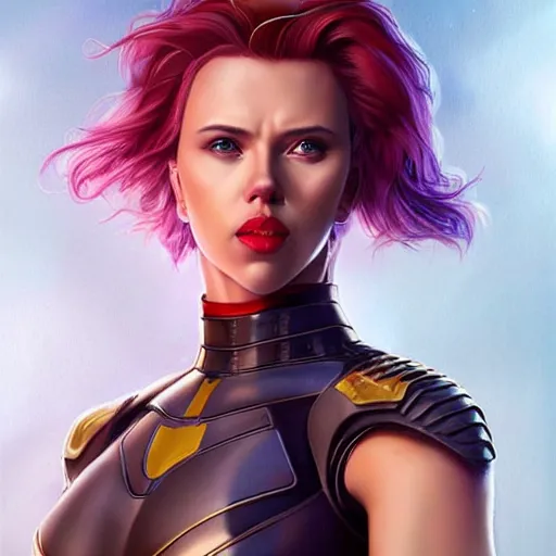 Image similar to scarlett johansson as thanos, feminine beautiful muscular fitness model wearing armor, red lips, attractive, highly detailed full body portrait, pretty face, elegant, breathtaking art, concept art, by artgerm and ilya kuvshinov