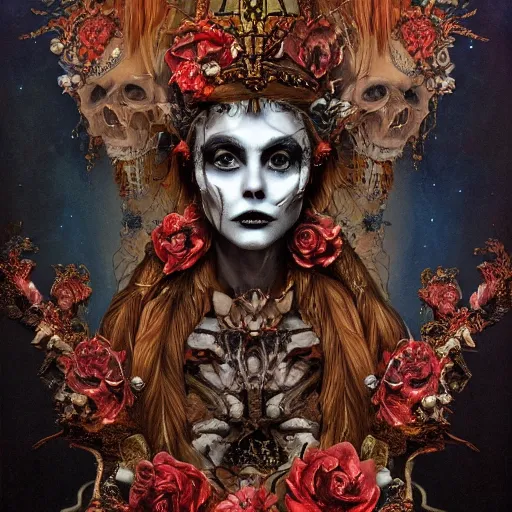 Image similar to Persephone, queen of the underworld, oil on canvas, symmetrical features, ominous, magical realism, texture, intricate, ornate, royally decorated, skull, skeleton, whirling smoke, embers, red adornements, red torn fabric, radiant colors, fantasy, trending on artstation, volumetric lighting, micro details, 3d sculpture, ray tracing, 8k