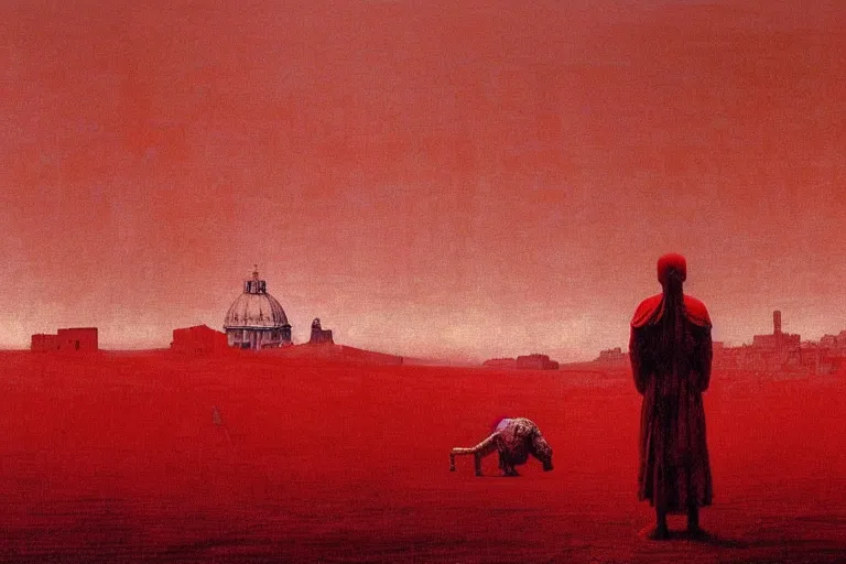 Image similar to only with red, caesar after war, a red tiger, in hoc signo vinces, rome in background, an ancient path, in the style of beksinski, part by hopper, part by rodcenko, part by hofbauer, intricate composition, red by caravaggio, insanely quality, highly detailed, masterpiece, red light, artstation