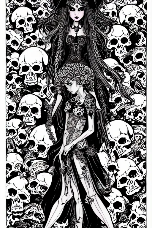 Image similar to a gothic fairy surrounded by skulls and mushrooms, fantasy graphic novel style, by wendy pini, intricate, fine inking lines, extremely detailed, flat colors