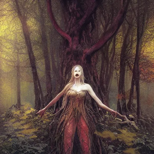 Image similar to portrait of a dryad in a forest of fey autumn maples by greg rutkowski and brian froud dark mysterious, filtered evening light