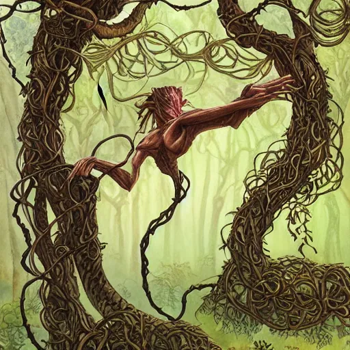 Prompt: anthropomorphic tangle of vines and plant matter. this fantasy creature guards the woods from unwary travelers. similar to a treant or forest spirit. By rebecca guay, by terese nielsen, by aaron miller, by kieran yanner. trending on artstation. 4k resolution.