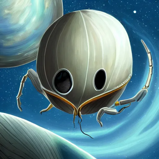 Prompt: painting of space ship in orbit around a planet, detailed, shell, carapace, insect, bug, beatle, hollow knight