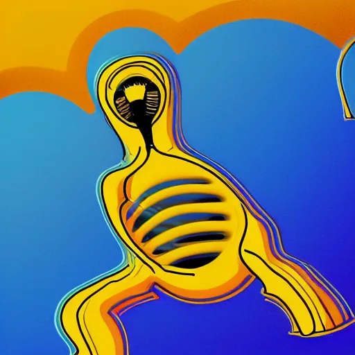 Image similar to human man that resembles a wasp morh in surreal sketch style, blue and yellow gradient, noise, ultrafine detail, hd 8k, logo illustration