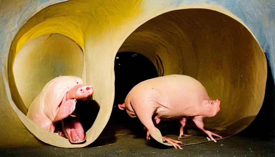 Image similar to 5 0 s movie still of a yelling pig in a flesh cocoon in a yellow tunnel, cinestill 8 0 0 t 3 5 mm technicolor, heavy grain, high quality, high detail