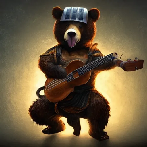 Prompt: realistic bear playing ukulele, for honor character digital illustration portrait design, by noah bradley in a dark fantasy style, dramatic lighting, wide angle