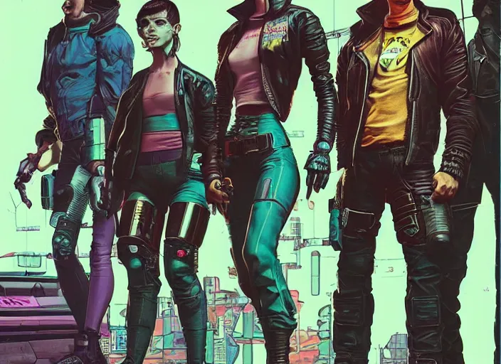 Image similar to cyberpunk heist crew. portrait by stonehouse and mœbius and will eisner and gil elvgren and pixar. character design. realistic proportions. dystopian. cyberpunk 2 0 7 7, apex, blade runner 2 0 4 9 concept art. cel shading. attractive face. thick lines. hi def 4 k. the team. detailed group of interesting characters.