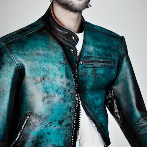 Prompt: an award - winning editorial photo of a male model wearing a baggy teal distressed designer medieval cropped leather menswear jacket by alexander mcqueen, 4 k, studio lighting