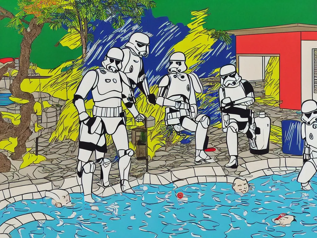 Image similar to hyperrealism composition of the japanese house with a hot springs in the garden, two detailed stormtroopers bathe in a hot spring, pop - art style, jacky tsai style, andy warhol style, roy lichtenstein style, acrylic on canvas