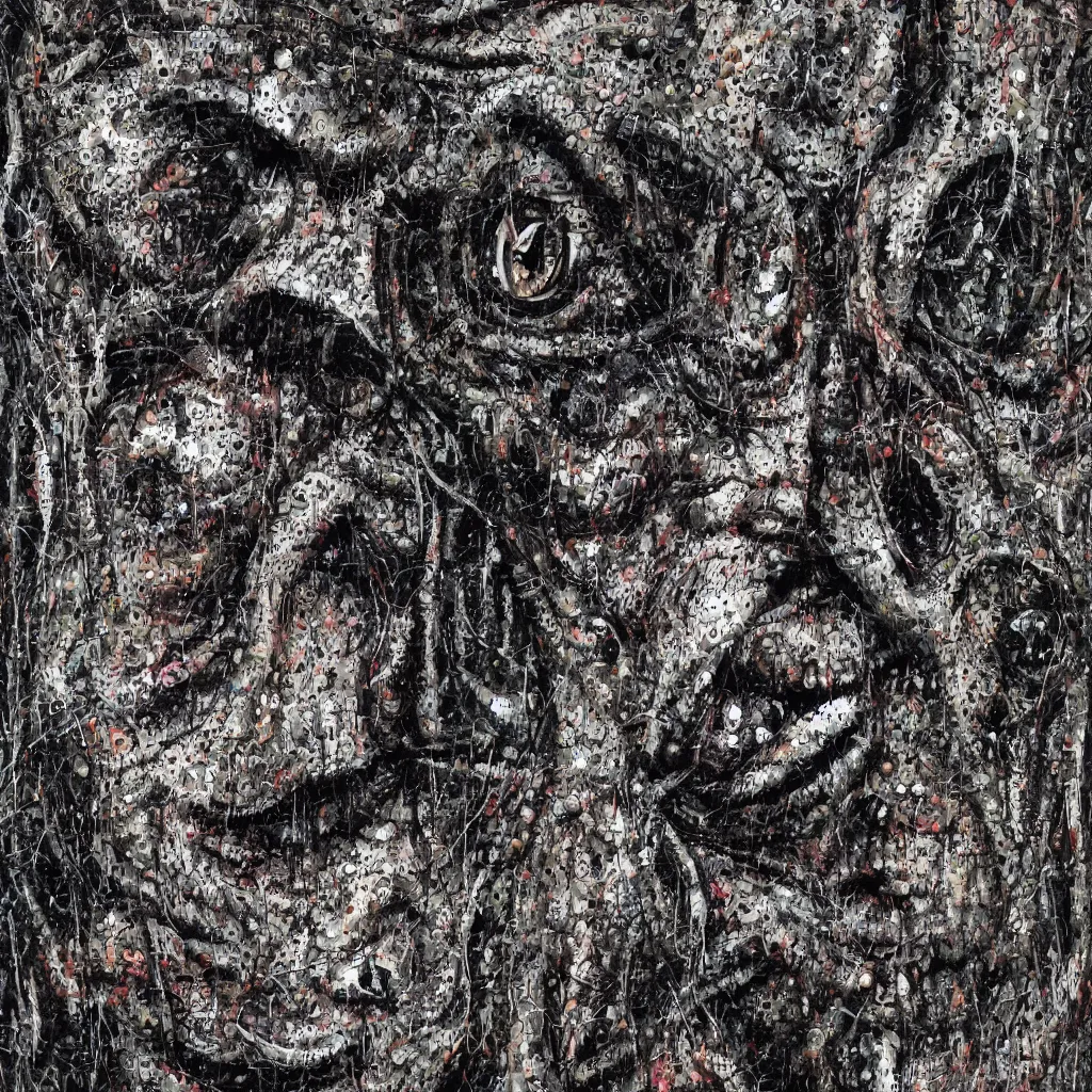 Image similar to camo made of eyes, technical, acrylic, teeth, eerie, tribal, clay, dotting, lines, stipple, points, cybernetic, style of old painting, francis bacon art, rei kawakubo art, hypnosis, eerie, terror, oil, neon, black and white background, splotches, colorful dots, ominous, terror, teeth, smiles