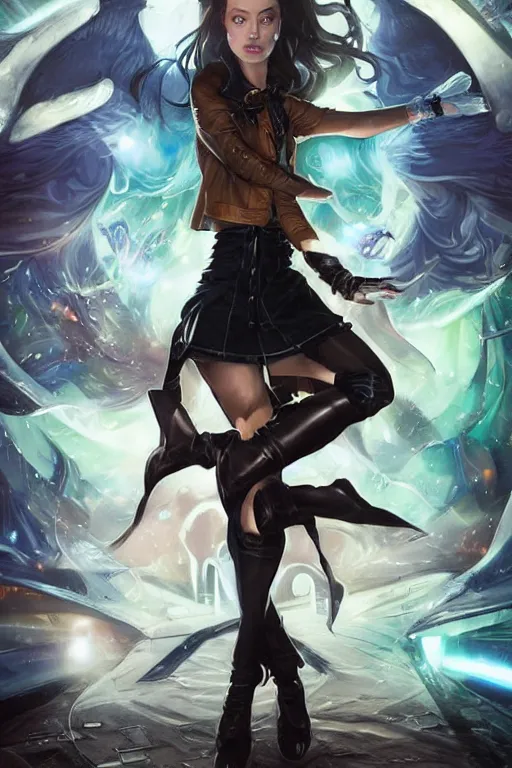 Prompt: the cover illustration of an urban fantasy book written by Brandon Sanderson starring a beautiful gorgeous college woman levitating wearing leather biker jacket, classic white button up, tartan mini skirt, surrounded by green and blue magical lightings overlays, high fantasy illustration, D&D style, sharp focus, by Artgerm, Greg Rutkowski and Rob Ross.