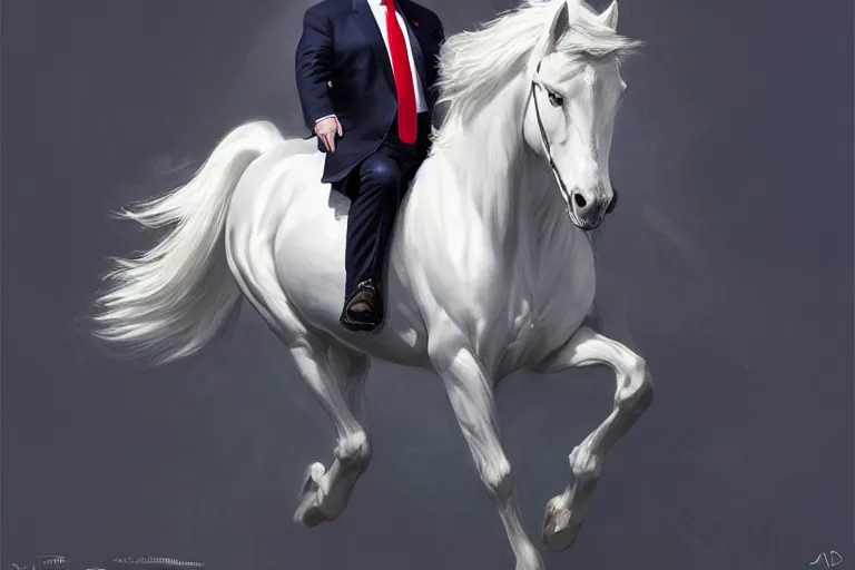 Image similar to donald trump on a majestic white horse, digital painting, artstation, concept art, smooth, sharp focus, illustration, in - frame, centered, art by artgerm and donato giancola and joseph christian leyendecker, ross tran, wlop