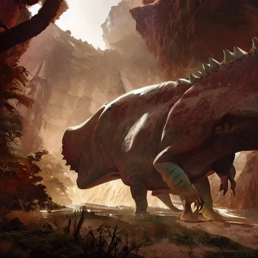 Prompt: the expedition with explores, warriors and adventurers, being brought by gigantic triceratops, the desert of duhnes medium shot, studio ghibli animation, anime key art by craig mullins, bloom, dramatic lighting