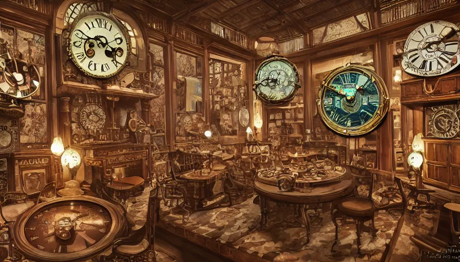 Prompt: a circular common room full of antique clocks, high detail, steampunk, fantasy, mechanical, 4 k, trending on artstation