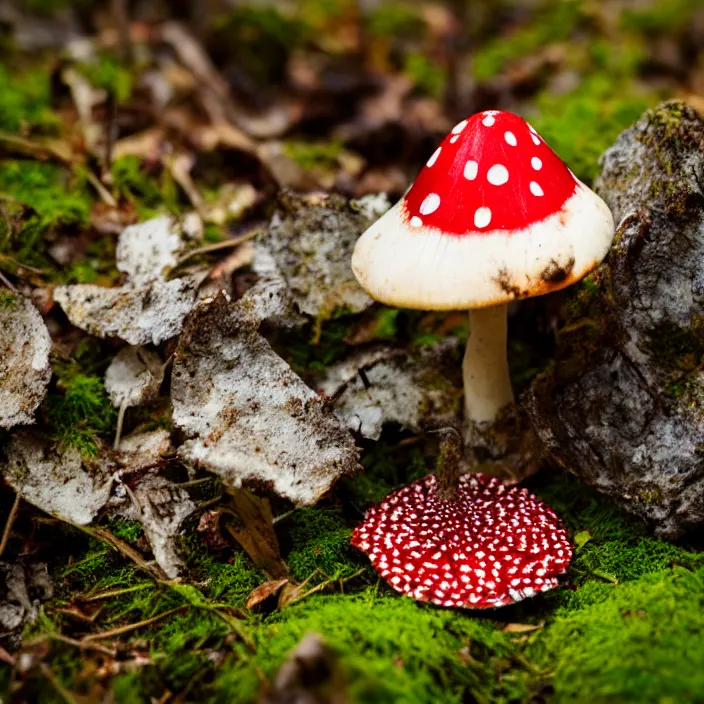 Image similar to amanita muscaria mushroom, in a woodland, moss, leaves, bokeh, depth of field, f / 2. 8