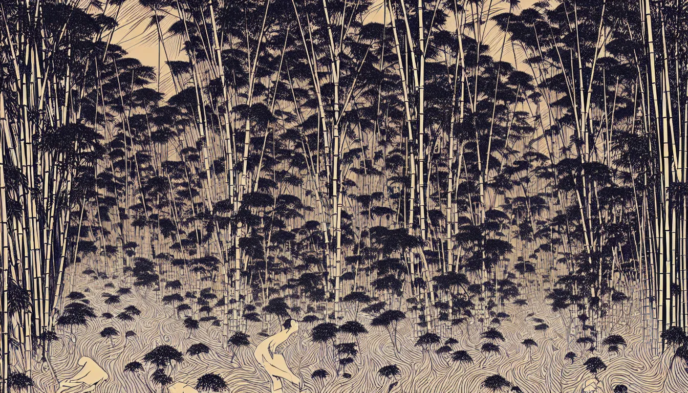 Prompt: bamboo forest by woodblock print, nicolas delort, moebius, victo ngai, josan gonzalez, kilian eng