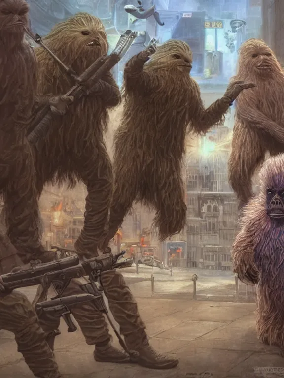 Image similar to rich evans and mike stoklasa save george lucas from a crackhead wookie in 1 9 3 0 s paris, hyperrealistic, 4 k, ultra detailed, intricate detail, octane render, photorealistic, art by wayne barlowe, art by keith parkinson.