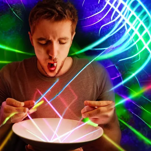 Image similar to a man eating a bowl of lazers